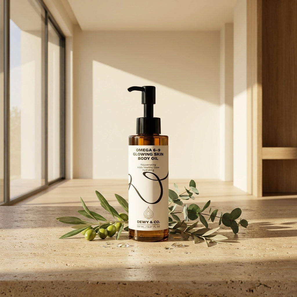 A bottle of Dewy & Co. Shea & Cocoa Glowing Skin Body Oil stands on a stone surface in a sunlit interior, with olive branches placed around the base.