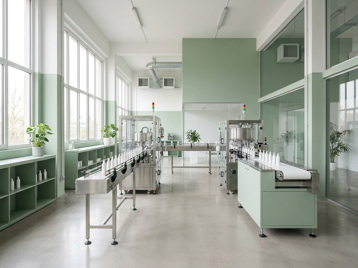 A bright, modern industrial production room with stainless steel conveyor lines, bottles, and machinery in a clean room with pale green walls and large windows.