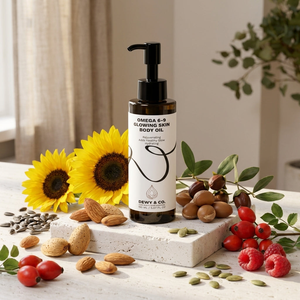 A pump bottle of Dewy & Co. Omega 6-9 Glowing Skin Body Oil stands on a white stone slab surrounded by sunflowers, almonds, raspberries, and green leaves in a bright indoor setting.