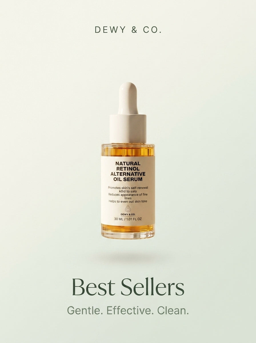 A bottle of Dewy & Co. Natural Retinol Alternative Oil Serum centered on a pale green background, with the brand name at the top and 'Best Sellers' text below.