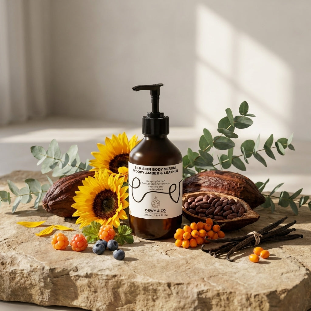 A pump bottle of Dewy & Co. body wash styled on a stone slab with sunflowers, cocoa beans, berries, and greenery in a warm, natural setting.