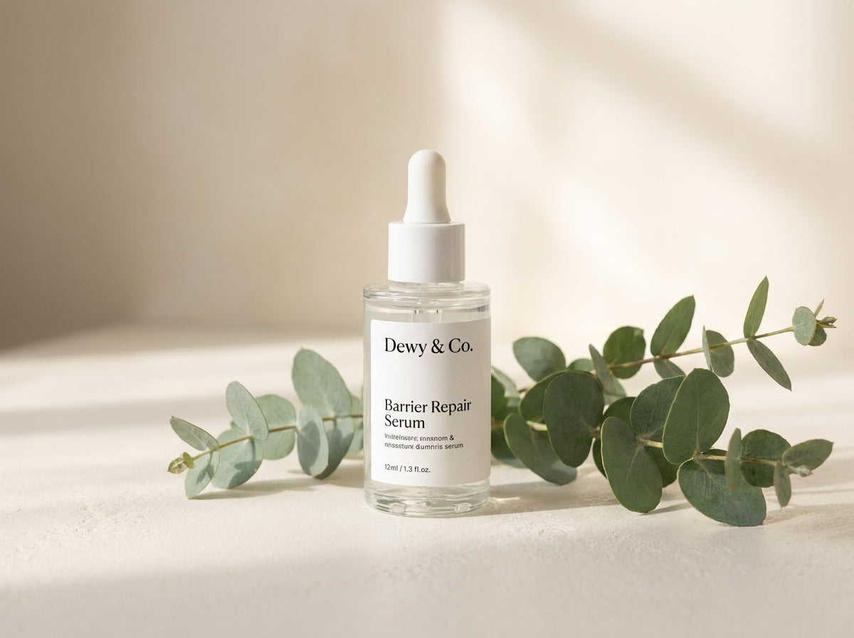 Dewy & Co. Barrier Repair Serum in a clear glass dropper bottle with a white label and white dropper cap, styled with green eucalyptus leaves on a warm beige surface with soft natural shadows.