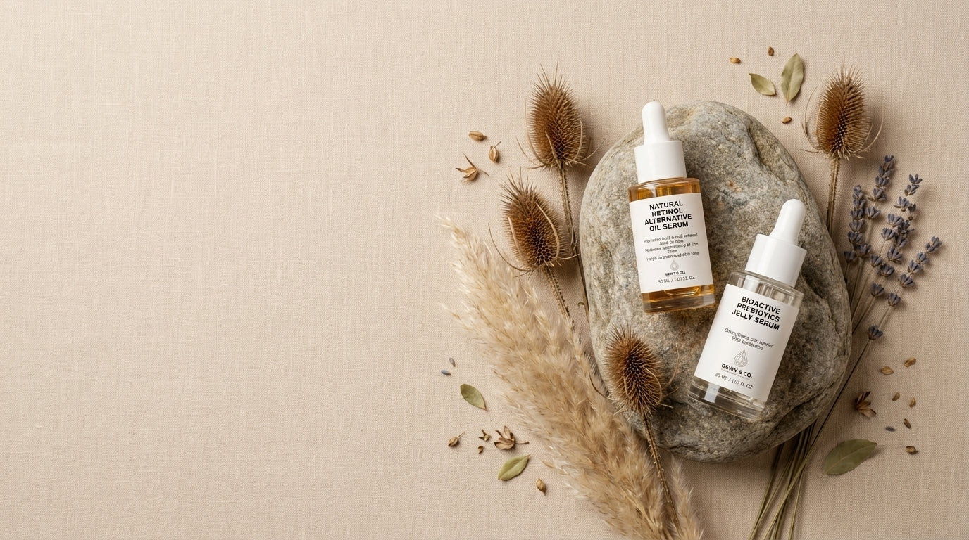 Two skincare dropper bottles with white labels and amber liquid, styled on a stone slab with dried grasses and botanicals on a beige background.