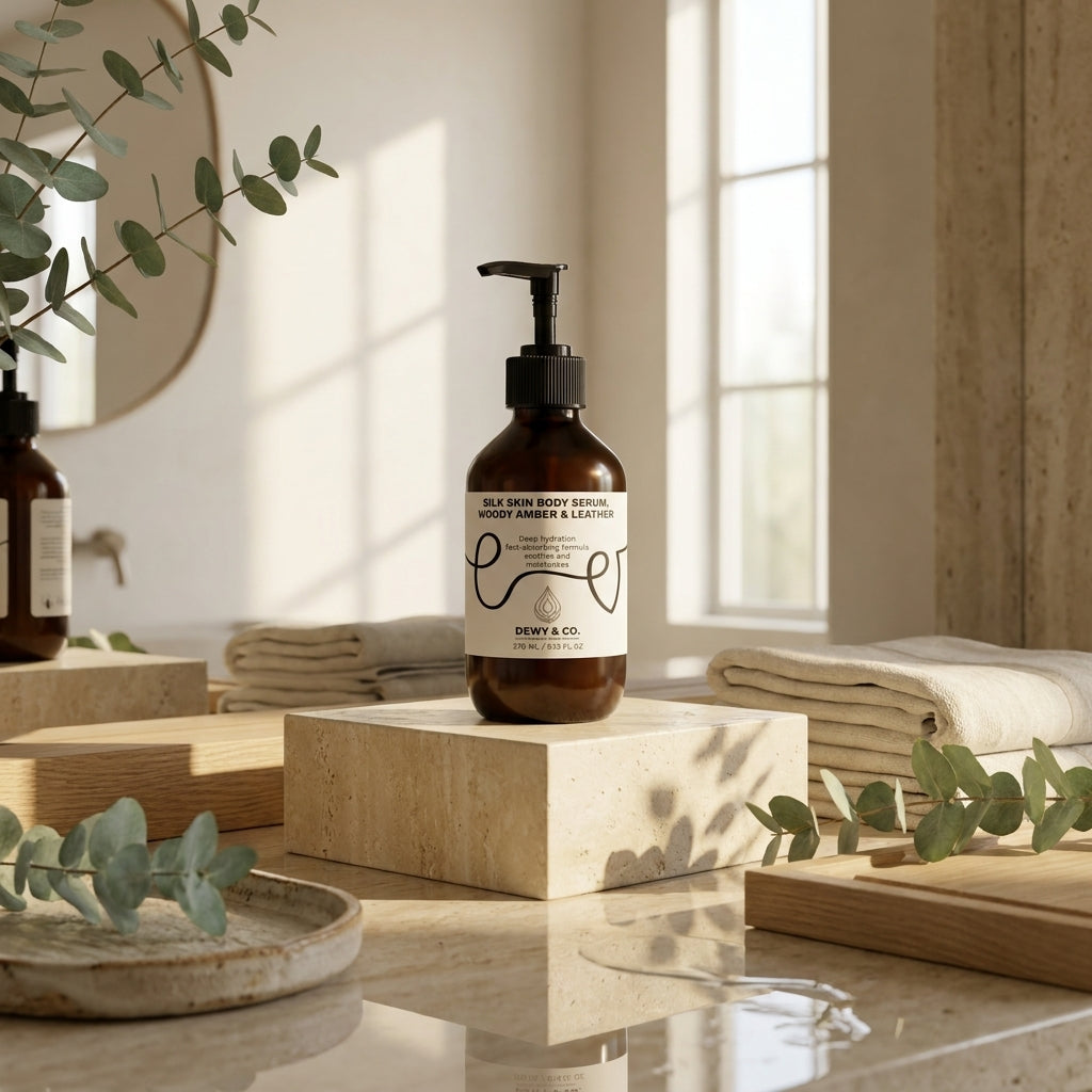 An amber glass pump bottle labeled 'She & I Body Care' stands on a light stone pedestal in a softly lit bathroom setting with folded towels, eucalyptus leaves, and warm natural light from a window.