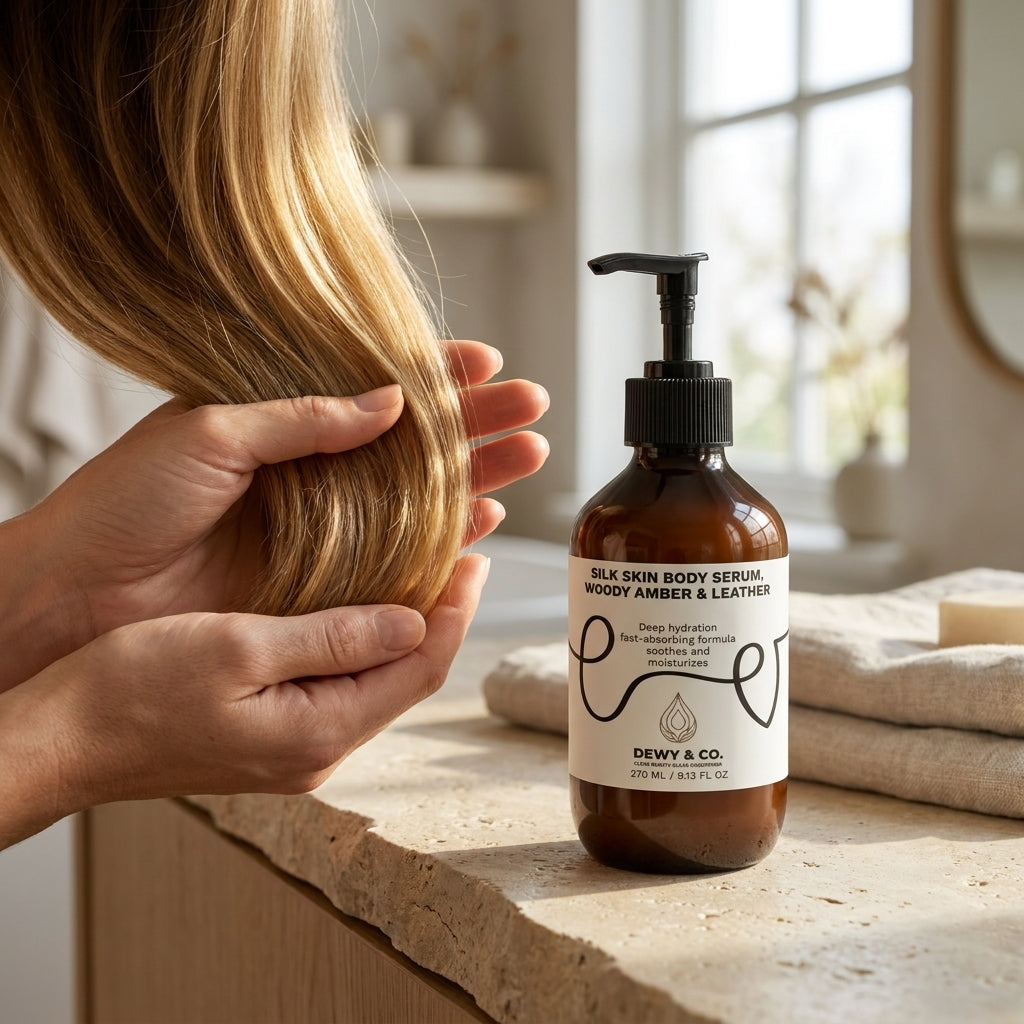 A bottle of Dewy & Co. Silk Skin Body Serum, Woody Amber & Leather scent, shown on a stone countertop next to a person's hands holding a strand of golden blonde hair.