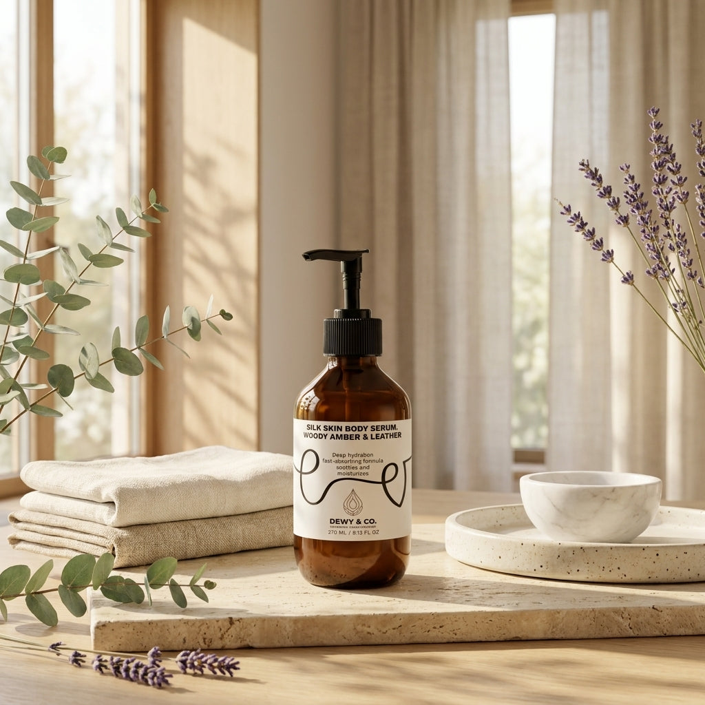 An amber glass pump bottle of Dewy & Co Silk & Skin Body Serum stands on a stone tray in a softly lit bathroom setting with folded towels, a small bowl, and dried lavender sprigs.
