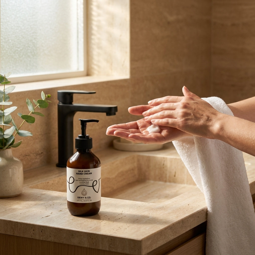 A bottle of hand and feet wash by Body & Co. sits on a beige stone countertop next to a sink, with a person's hands receiving soap from the dispenser and a white towel draped nearby in a warm bathroom setting.