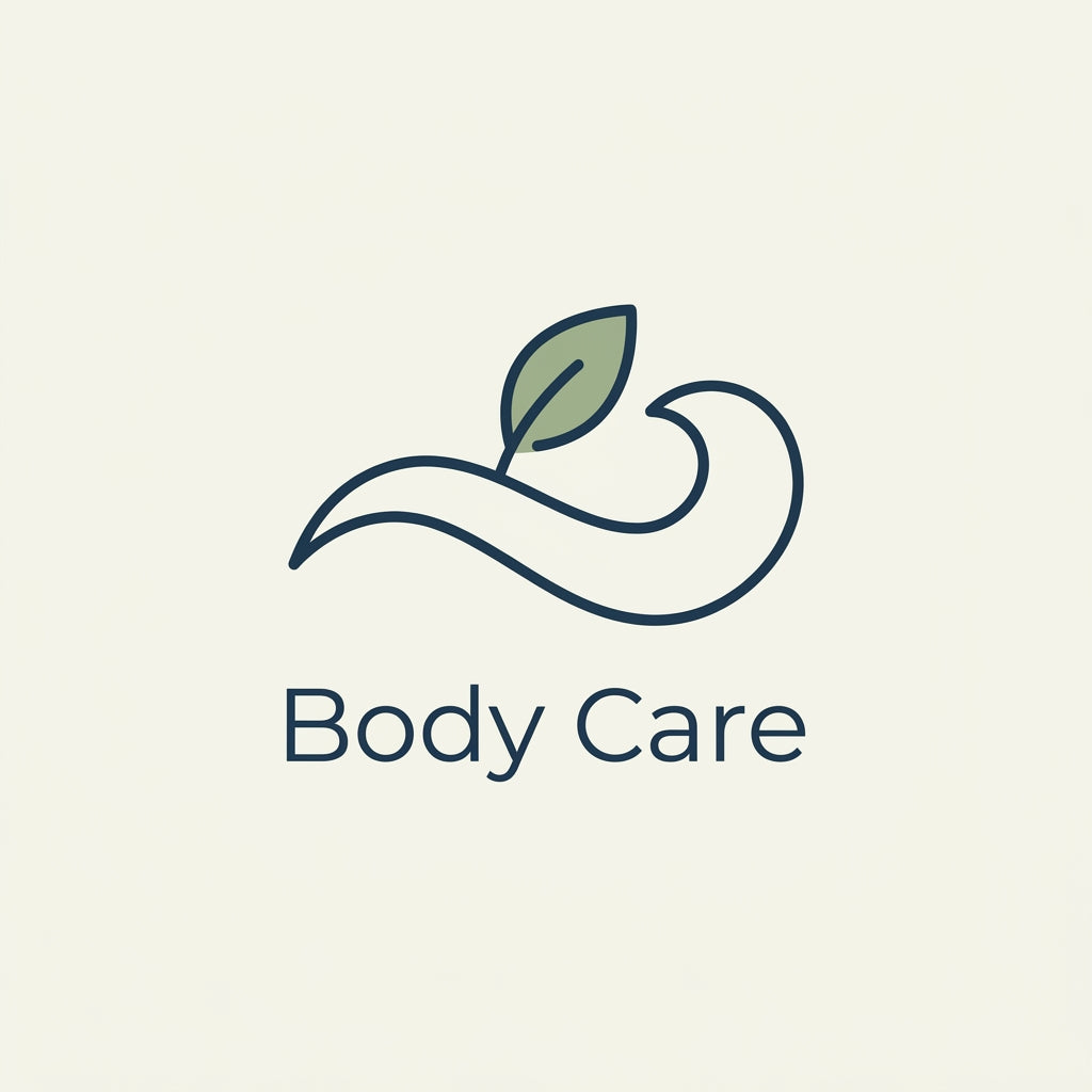 A minimalist logo featuring a stylized wavy body outline with a green leaf on top and the words 'Body Care' underneath, centered on a light cream background.