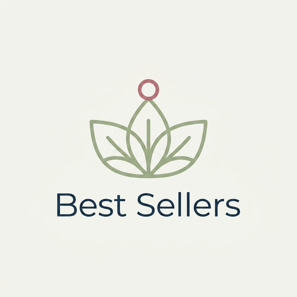A minimalist logo featuring a green leaf outline with a small pink circle at the top and the text 'Best Sellers' below, centered on a light beige background.