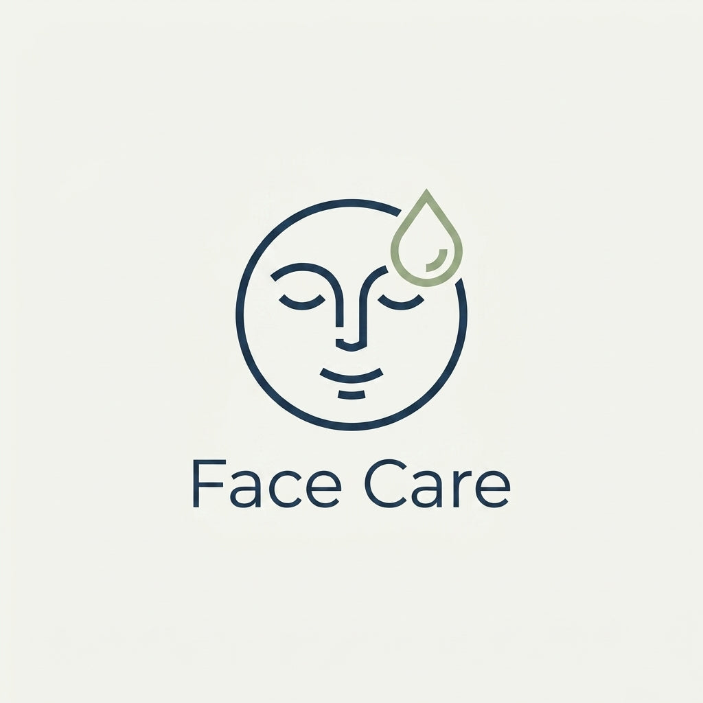 Minimalist face care logo featuring a stylized closed face with a green teardrop droplet and the text 'Face Care' below, centered on a light cream background.