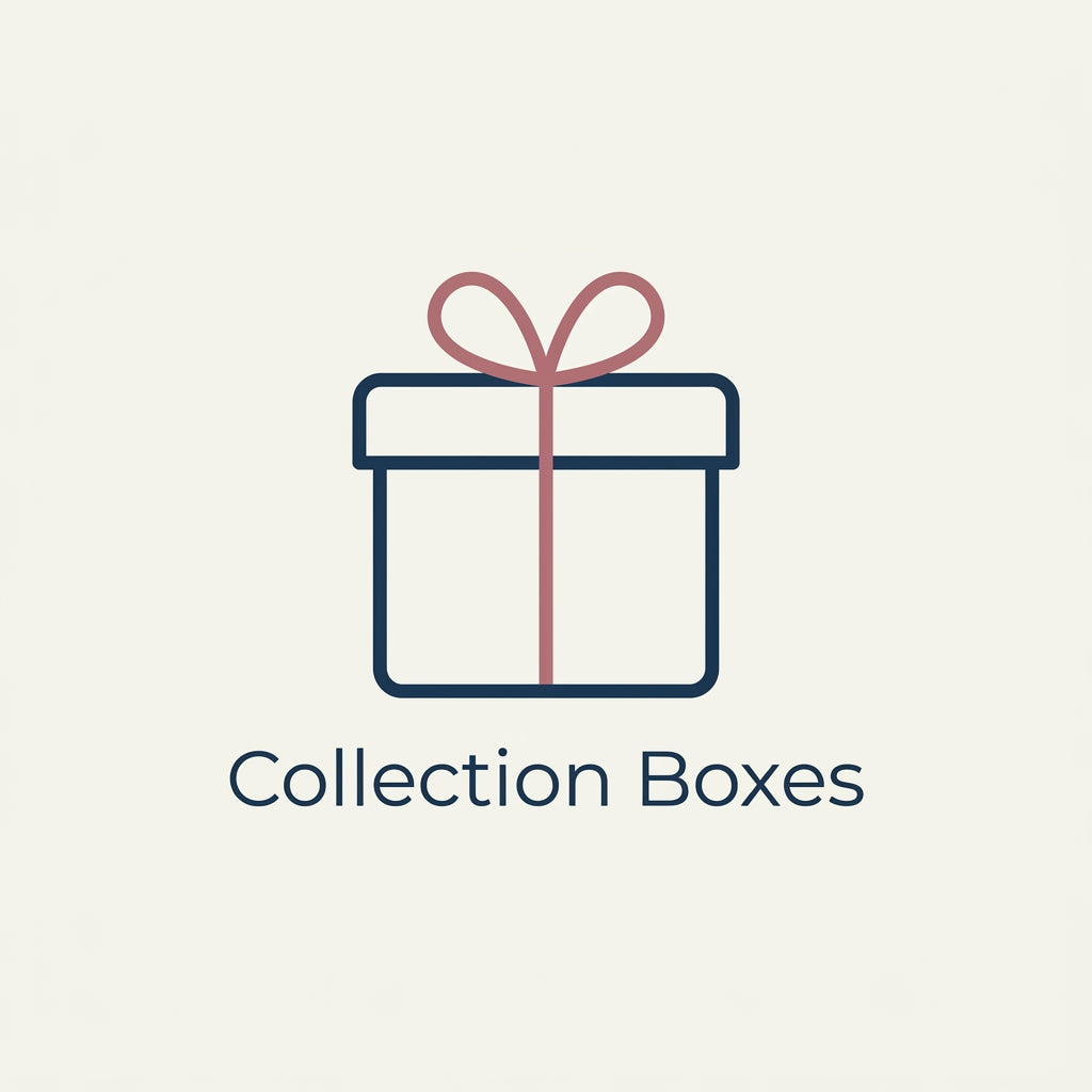 A minimalist icon of a gift box with a pink ribbon bow above the text 'Collection Boxes' on a light beige background.
