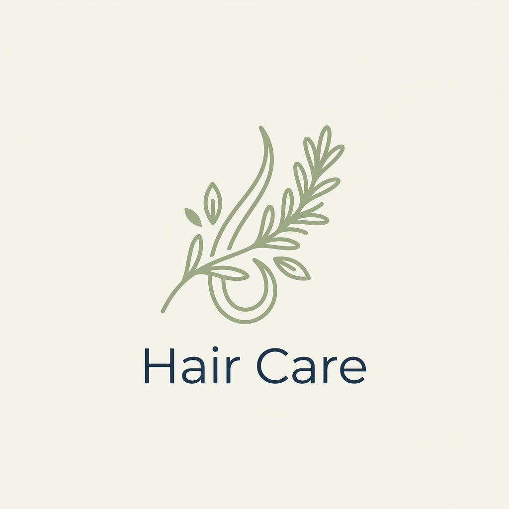 A minimalist logo featuring a light sage green line art illustration of a leafy sprig above the words 'Hair Care' in dark navy blue, centered on a solid cream-colored background.
