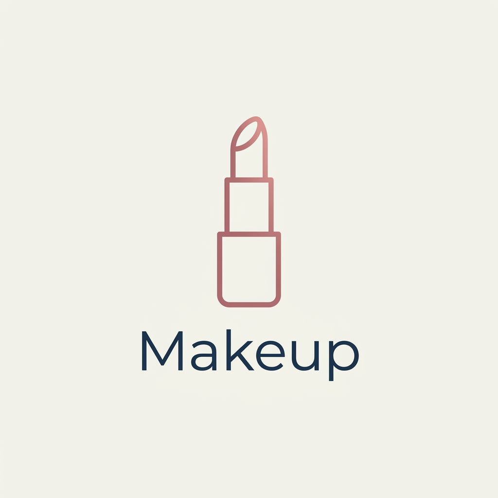 A minimalist icon of a lipstick in a dusty rose outline above the word 'Makeup' in dark navy text, centered on a light cream background.