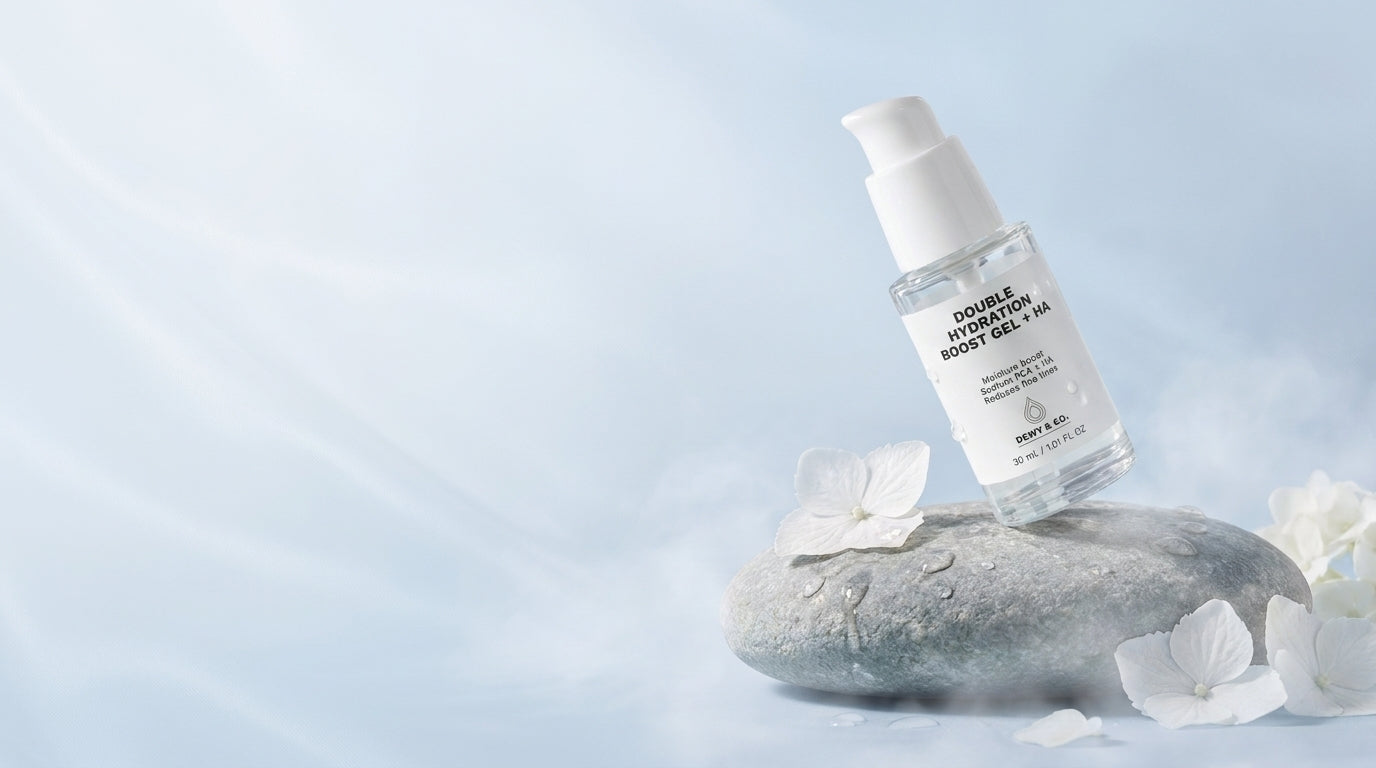 A clear skincare pump bottle labeled 'DOUBLE PROTECTION MOISTURizer' by Pretty Plus, styled on a smooth gray stone with white flower petals against a soft light blue background.
