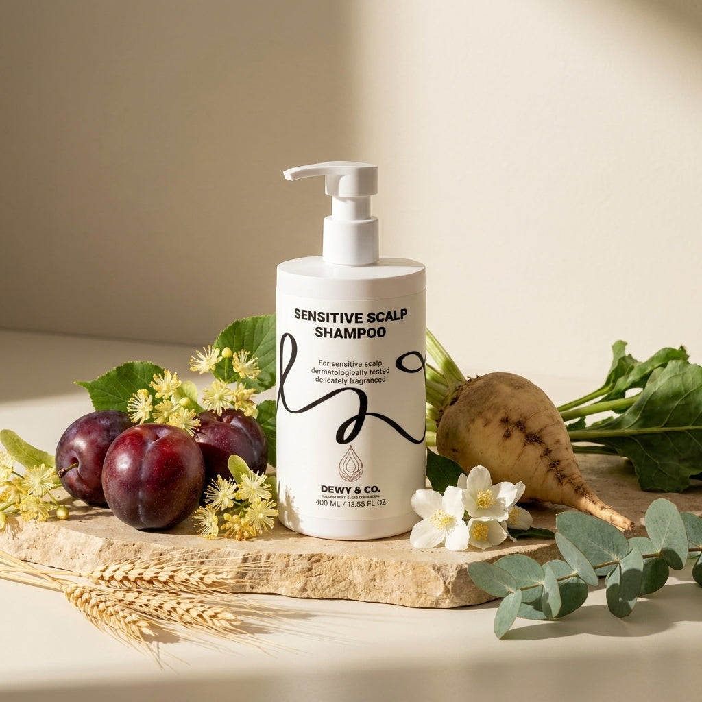 A bottle of Dewy & Co. Sensitive Scalp Shampoo stands on a wooden board surrounded by natural ingredients including plums, a beetroot, wheat, eucalyptus leaves, and small white flowers against a warm beige background.