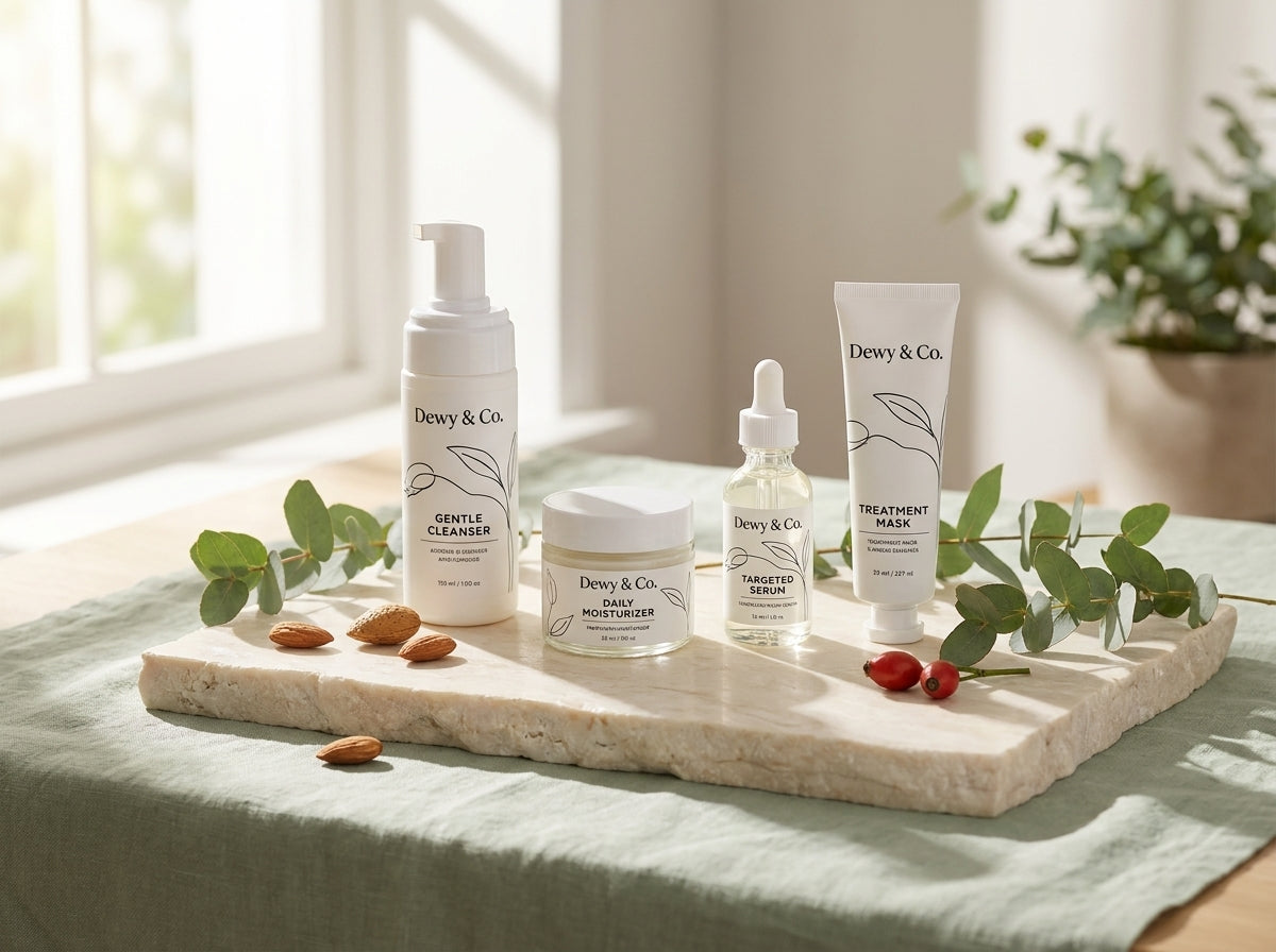 Four Dewy & Co skincare products arranged on a light stone tray with eucalyptus leaves and almonds, set on a green cloth near a bright window.