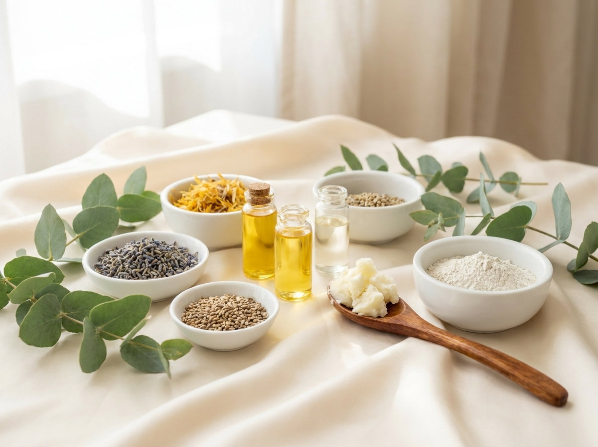 Natural skincare ingredients arranged on a cream fabric surface, including small white bowls of lavender, seeds, powder, and balm, two glass bottles of yellow oil, a wooden spoon with white balm, and green eucalyptus sprigs.