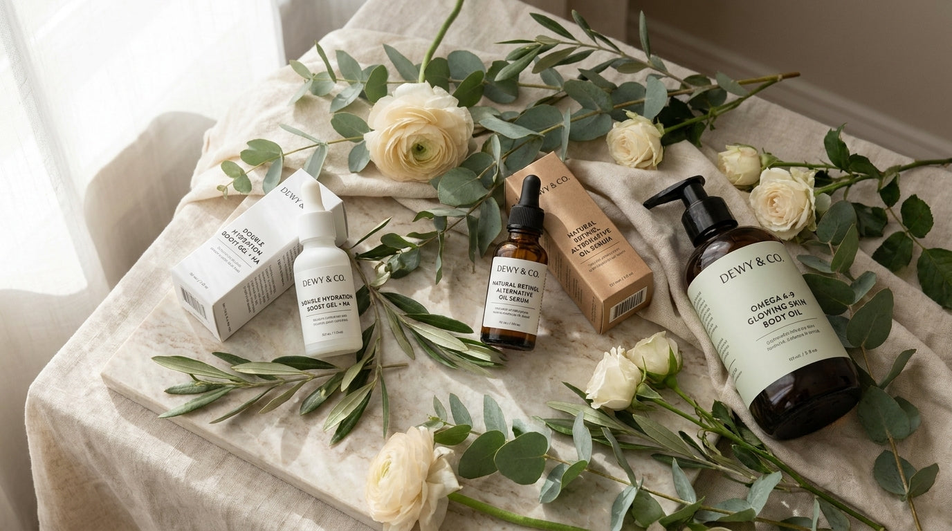 A styled flat-lay of DENY & CO skincare and haircare products arranged on a cream linen cloth with white roses and greenery. Visible items include a large dark amber pump bottle, a small amber dropper bottle, two white bottles with white boxes, and a tan box.