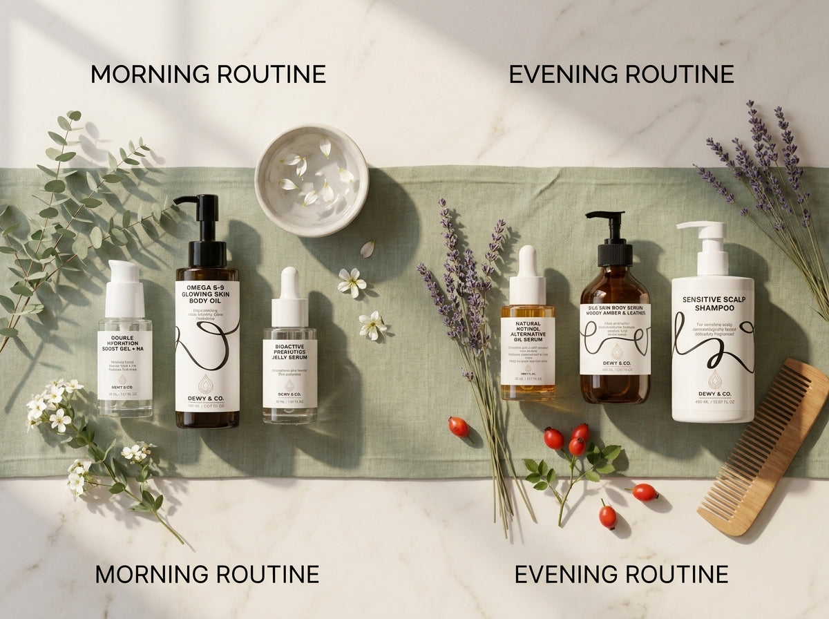 Two coordinated sets of hair care bottles arranged on a marble surface with a sage green cloth, flowers, lavender, and a wooden comb. The left set is labeled MORNING ROUTINE and the right set is labeled EVENING ROUTINE.