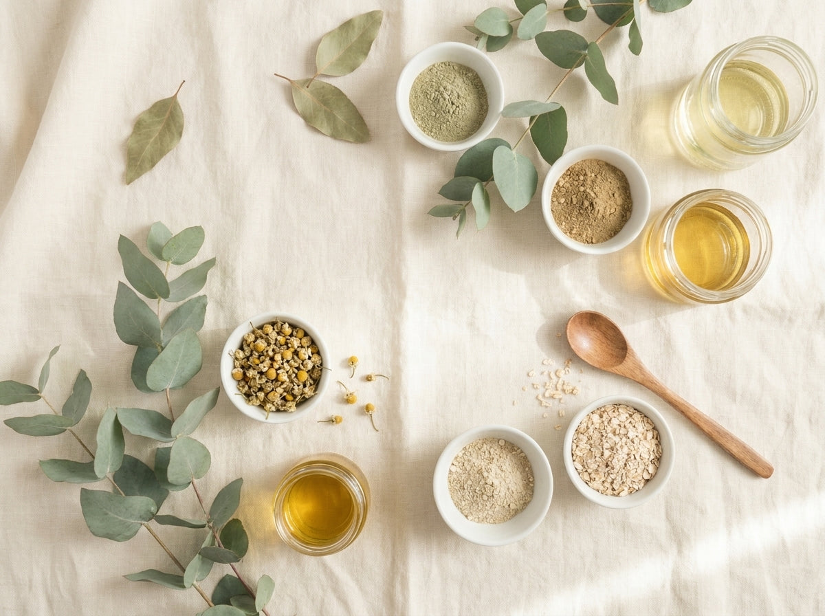A styled flat-lay of natural skincare ingredients on a beige linen cloth, featuring small white bowls of powders and seeds, glass jars of golden liquid, a wooden spoon, and green eucalyptus leaves.