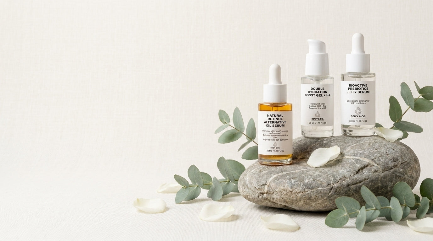 Three skincare dropper bottles from The Body Shop are arranged on a large stone with scattered eucalyptus leaves and petals on a light neutral background. The left bottle contains amber liquid, while the two right bottles are clear with white caps.