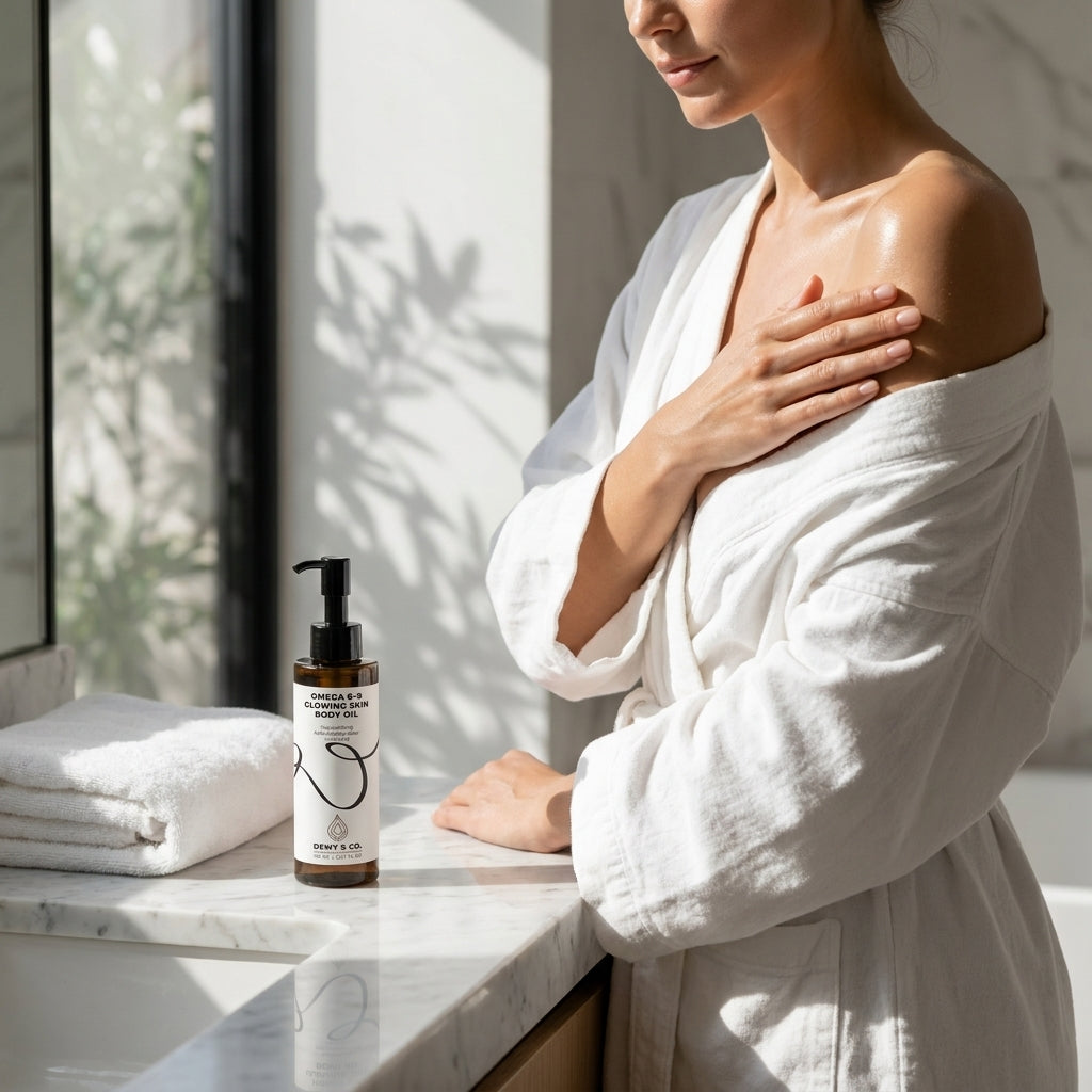 A woman in a white bathrobe stands by a sunlit marble counter, touching her shoulder, with a bottle of body wash and a folded white towel beside her. The bottle label reads 'BODY WASH' and 'PONY'S CHO'.