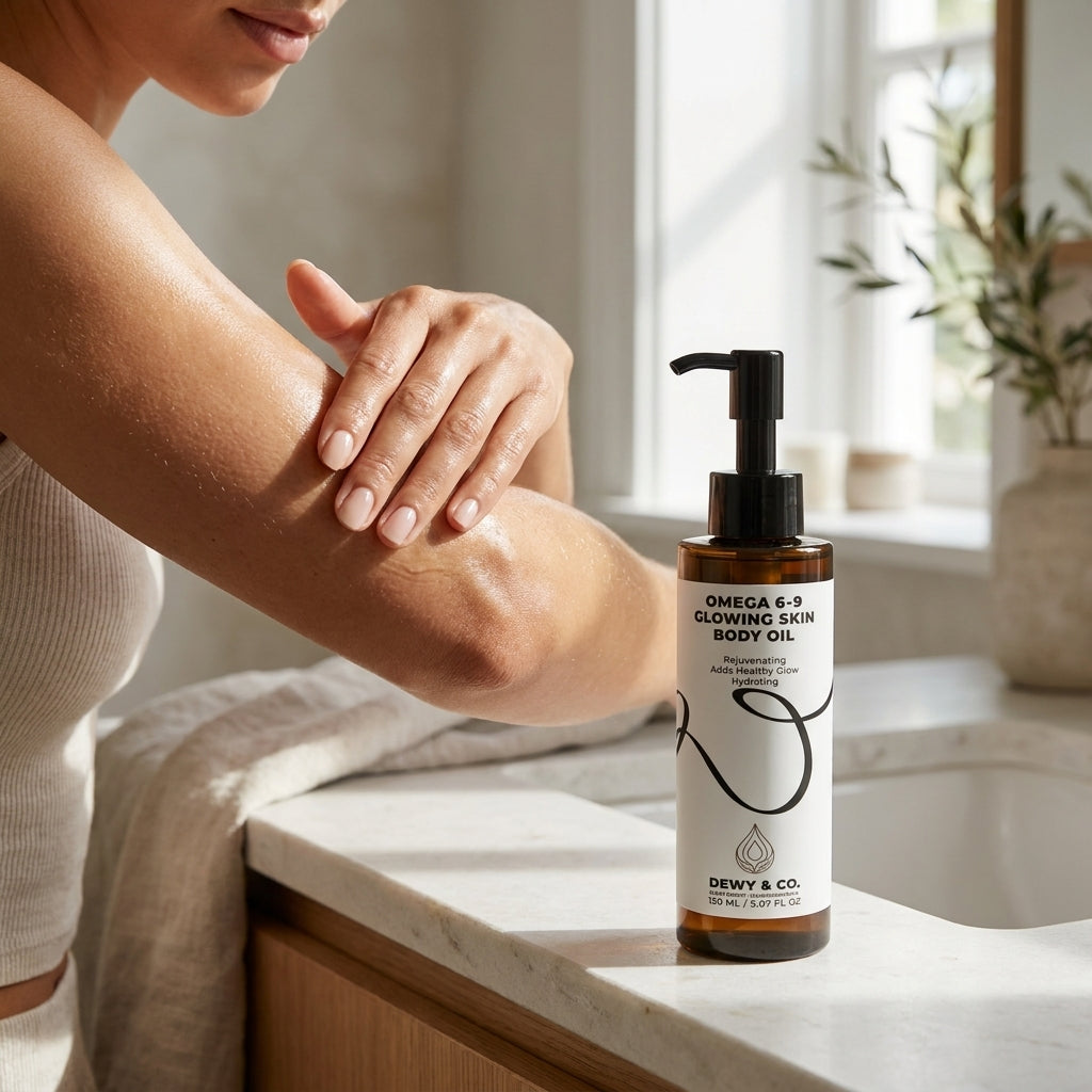 A woman rubs glowing skin on her forearm beside a bottle of Dewy & Co. Omega 6-9 Glowing Skin Body Oil on a bathroom counter.