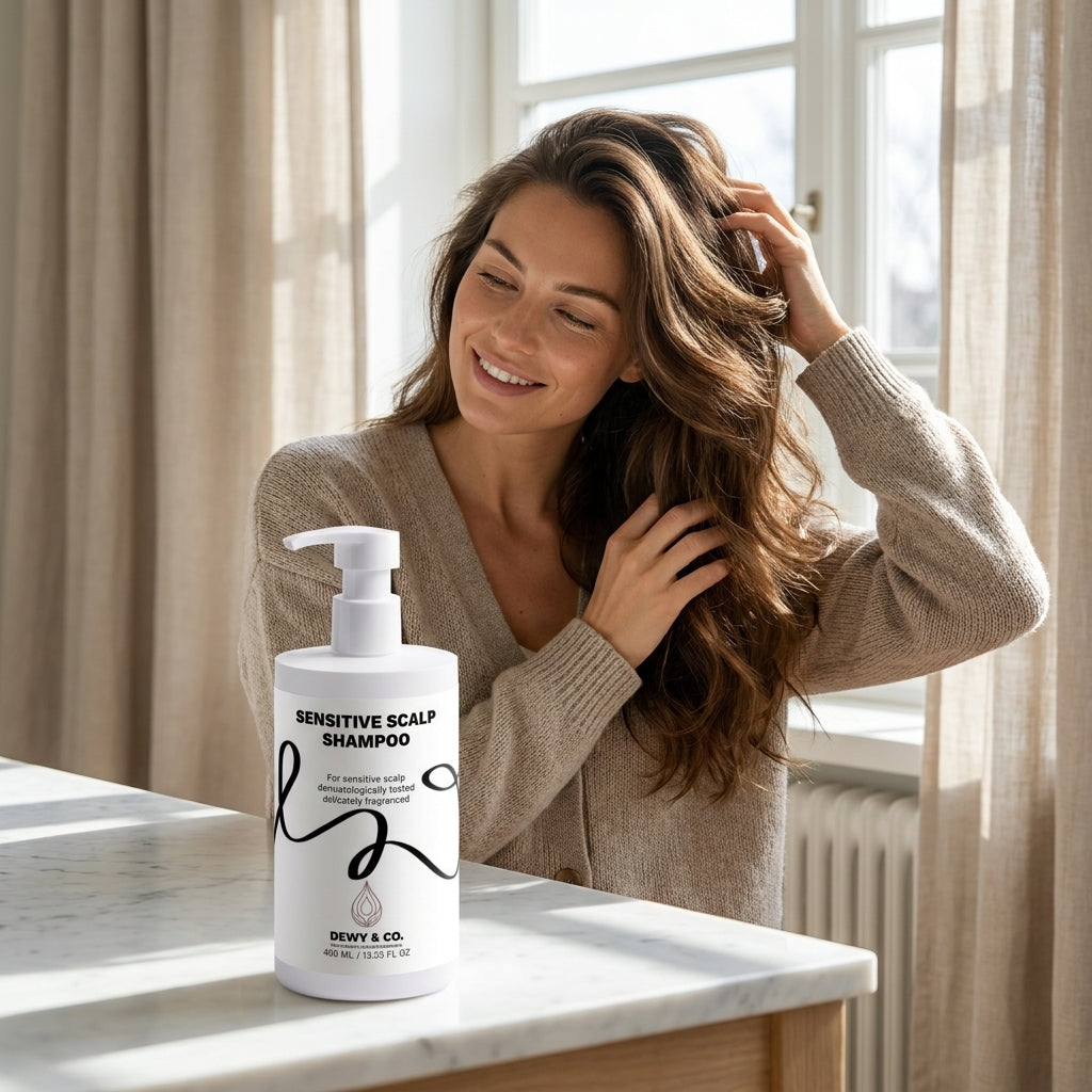 A woman with long wavy brown hair smiles while touching her hair, standing indoors near a window with curtains. A white pump bottle labeled 'SENSITIVE SCALP SHAMPOO' by Dewy & Co.