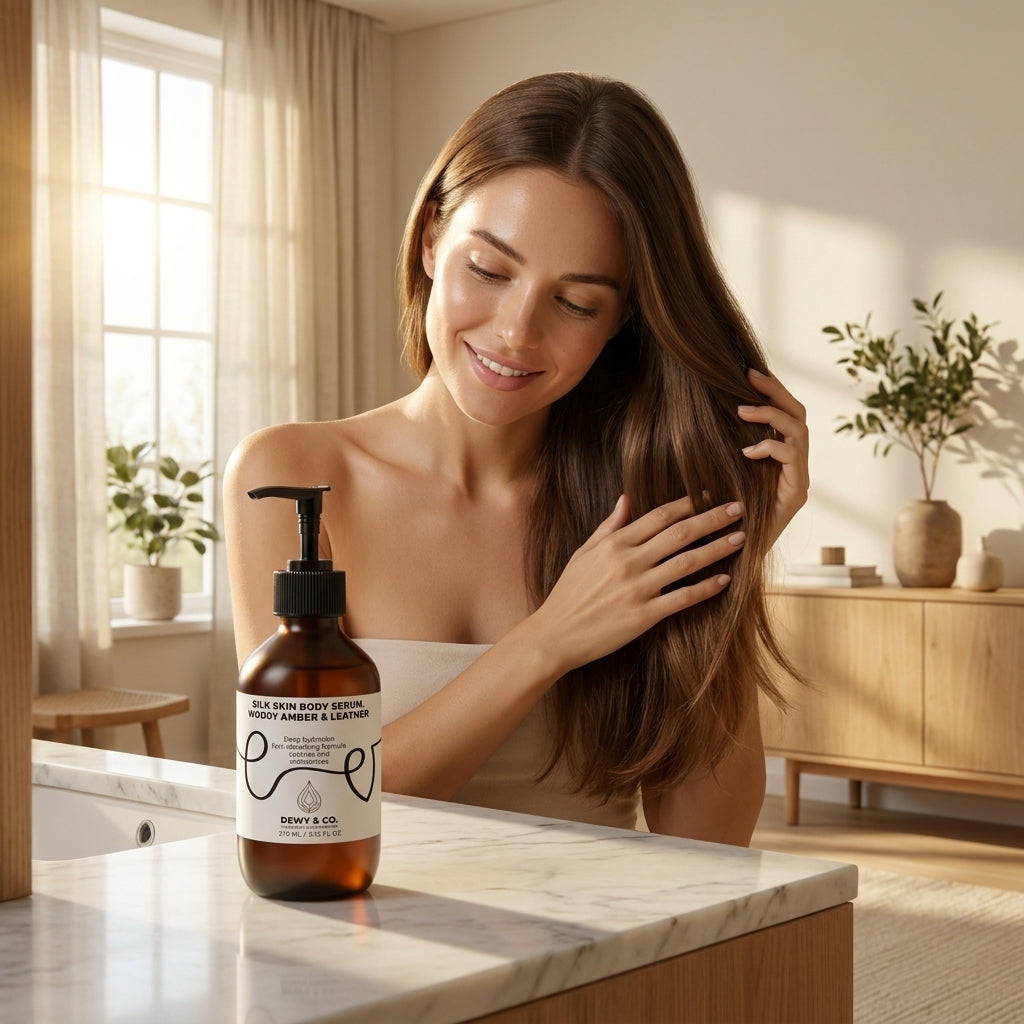 A woman with long brown hair stands in a bright bathroom, touching her hair while looking down at an amber pump bottle on a marble counter. The bottle label reads 'DARK SKIN BODY BOTTLE AMBER & LEATHER' and shows the brand 'BERRY & CO.