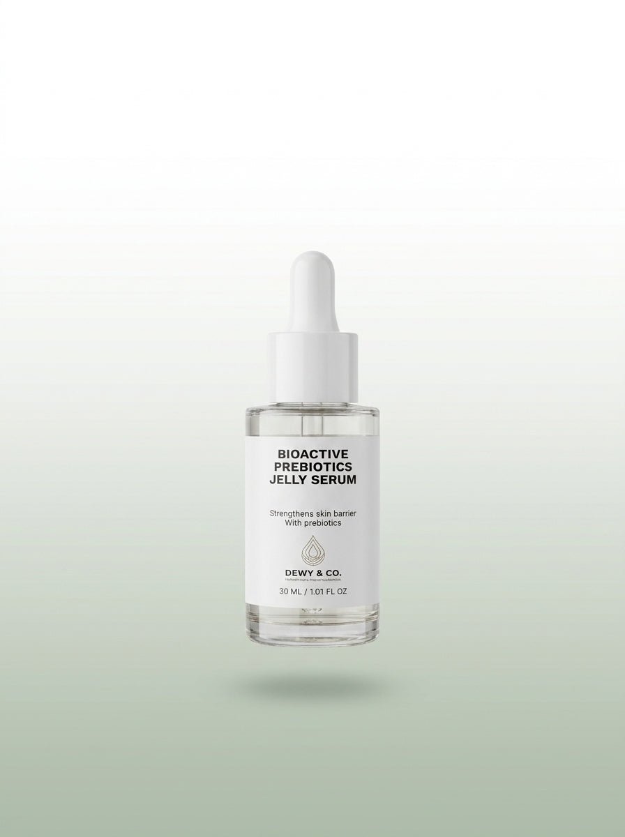 A clear glass dropper bottle of Dewy & Co. Bioactive Prebiotics Jelly Serum with a white dropper cap