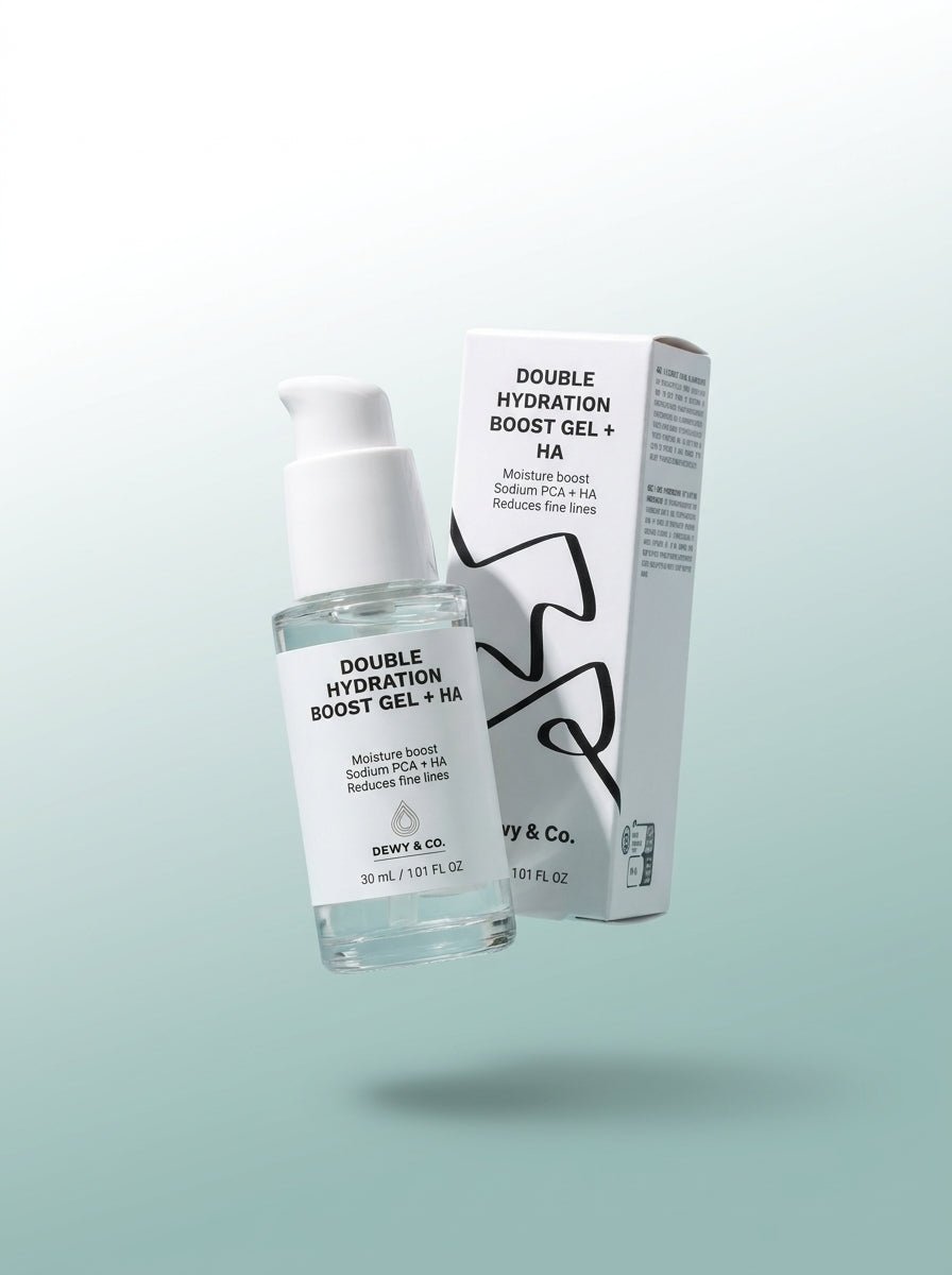 A clear bottle of BODY & CO. Double Hydration Boost Gel + HA with a white pump dispenser.
