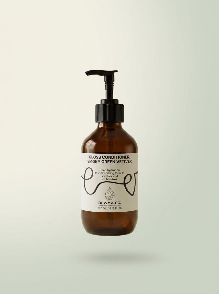 A bottle of Dewy & Co. Gloss Conditioner in Smokey Green Vetiver, featuring an amber glass bottle with a black pump and a white label, centered against a light green gradient background.