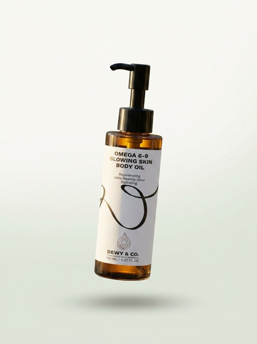 A bottle of Dewy & Co. Omega 6-9 Glowing Skin Body Oil with a black pump dispenser and white label, shown floating against a light gray gradient background.