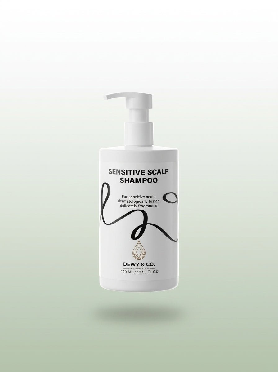 A white pump bottle of Dewy & Co. Sensitive Scalp Shampoo, centered against a soft light green gradient background.