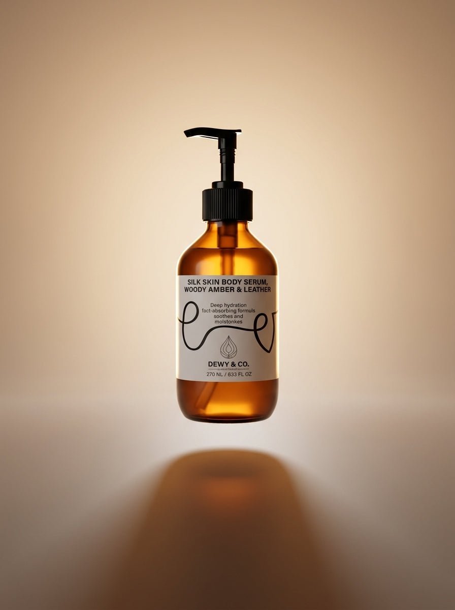 A bottle of DWKY & CO. Silk Skin Body Serum in a translucent amber glass bottle with a black pump dispenser and a white label, centered against a warm beige gradient background with a soft shadow below.
