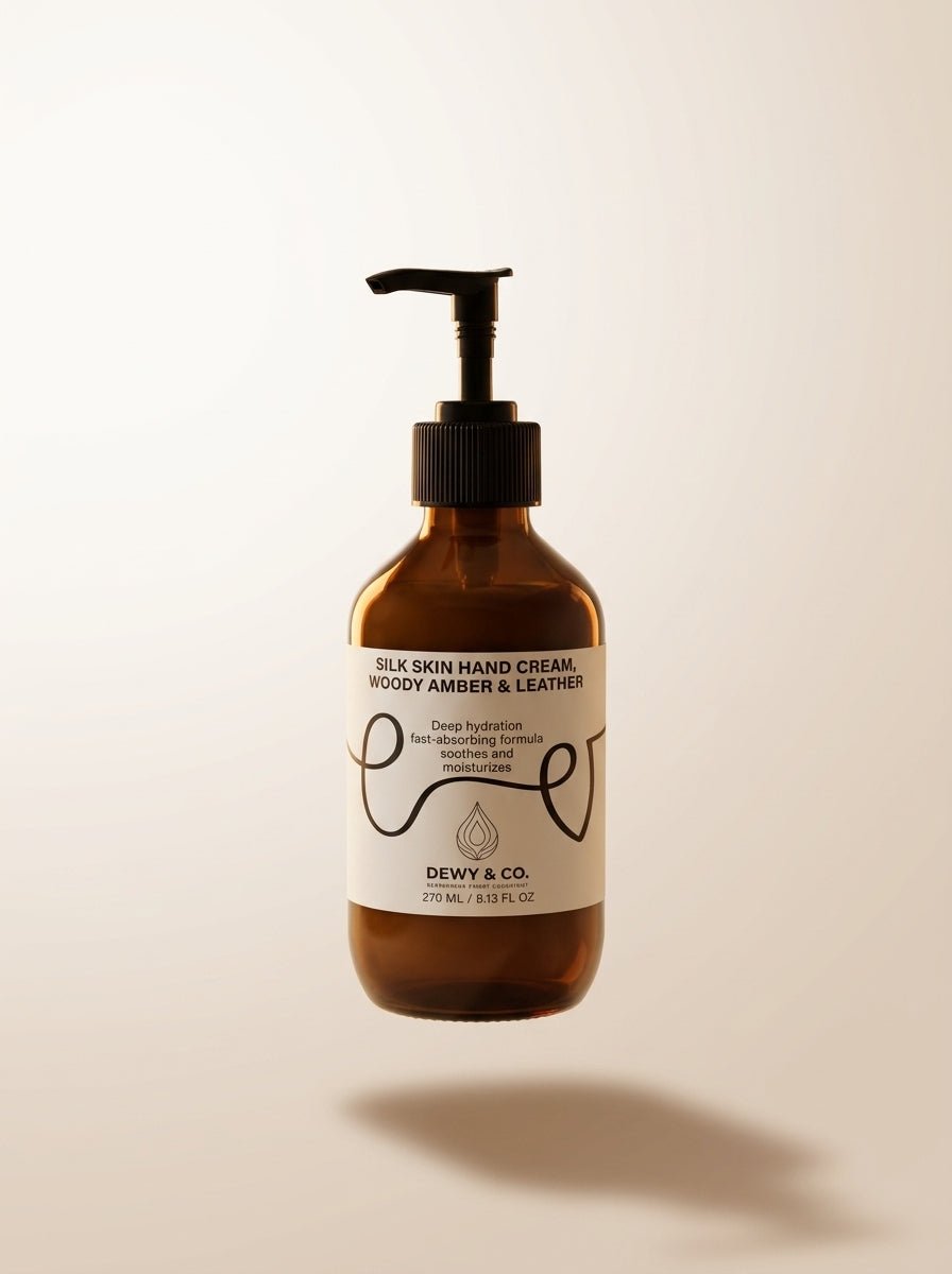 A bottle of Dewy & Co. Silk Skin Hand Cream with a black pump dispenser and a cream-colored label, floating against a warm beige background with a soft shadow below.